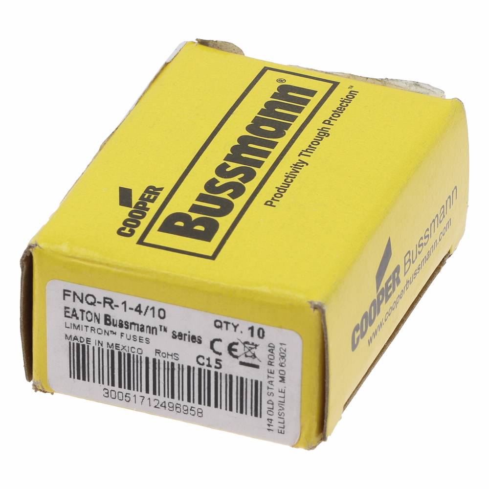 Bussmann CC-Tron® FNQ-R-1-4/10 Current Limiting Time Delay Fuse, 1.4 A, 600 V, 200 kAIC Interrupt, CC Class, Cylindrical Body