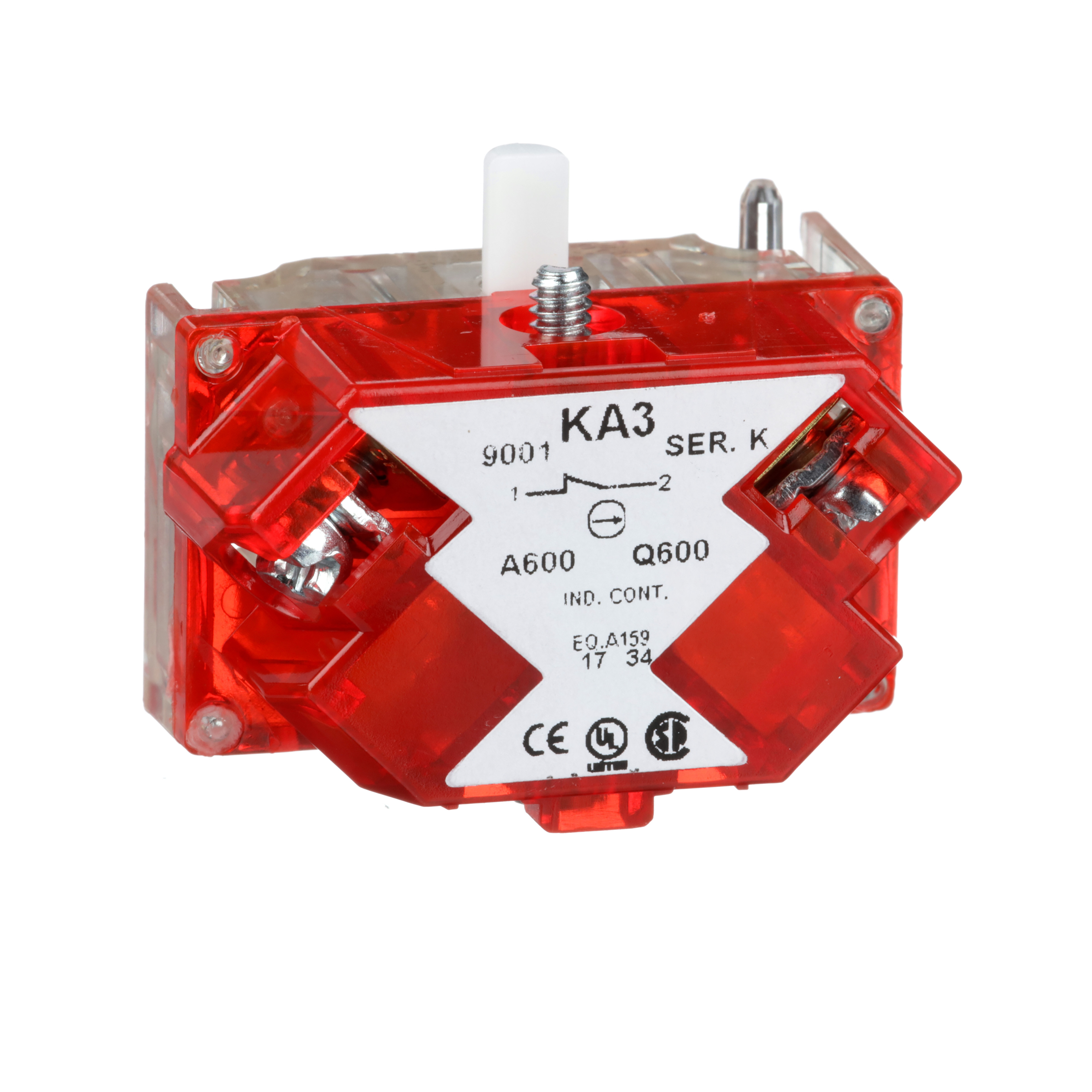 Square D™ Harmony™ 9001KA3 Finger Safe Standard Contact Block, 30 mm, 1NC Contact, 10 A, 600 VAC Contact, Silver Alloy Contact, Momentary Action, Clear/Red
