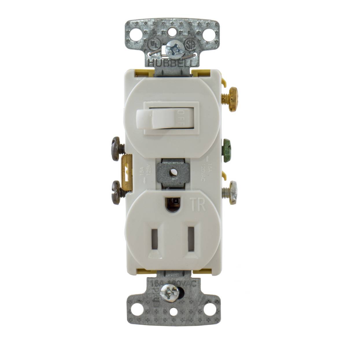 Wiring Device-Kellems RC108WTR Traditional 2-Position Standard Tamper-Resistant Traditional Combination Switch and Receptacle, Electrical Ratings: 120 VAC, 15 A, 1800 W, 1 Poles, 3 Wires, Snap Switch Reset