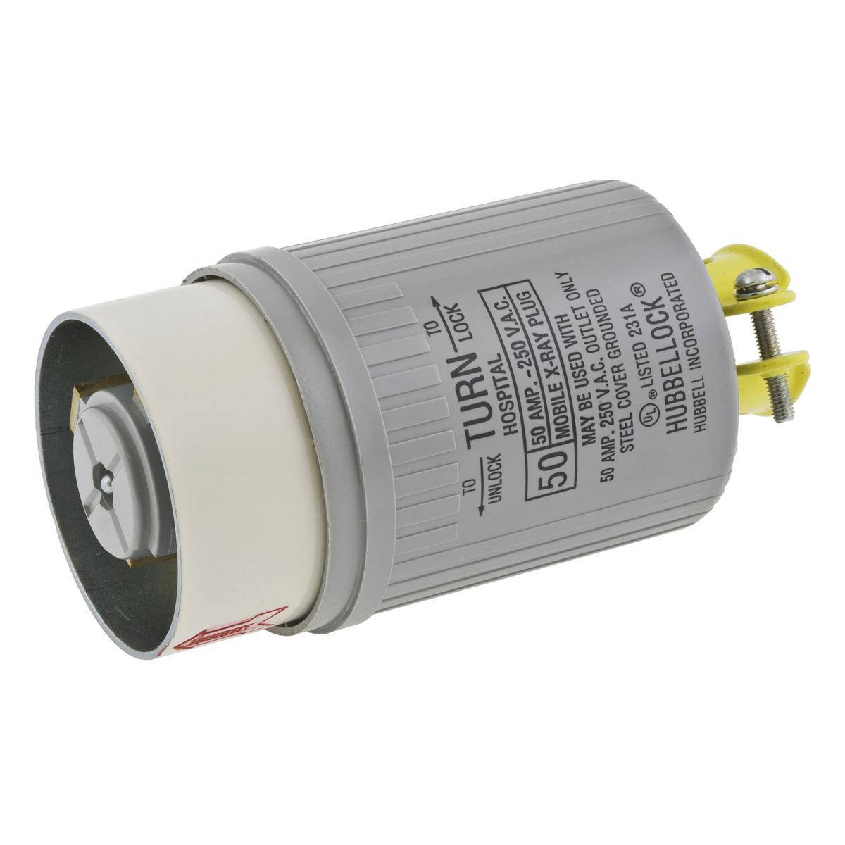 Wiring Device-Kellems HBL25525 Grounding Portable Standard Sized Shrouded Cord Mount Locking Male Plug, 250 VAC, 50 A, 2 Poles, 3 Wires, Gray
