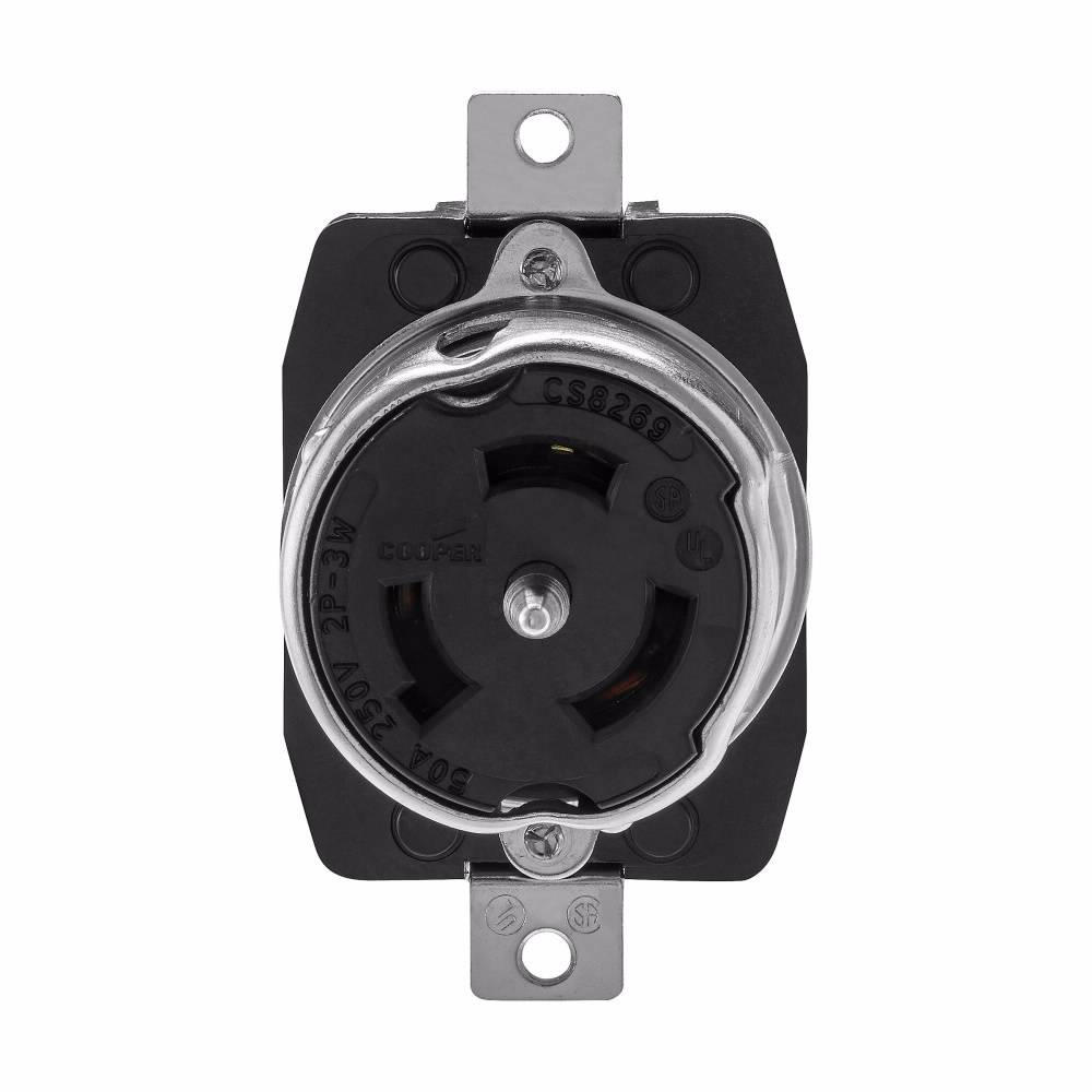 EATON CS8269 Single Locking Receptacle, 250 VAC, 50 A, 2 Poles, 3 Wires, Black