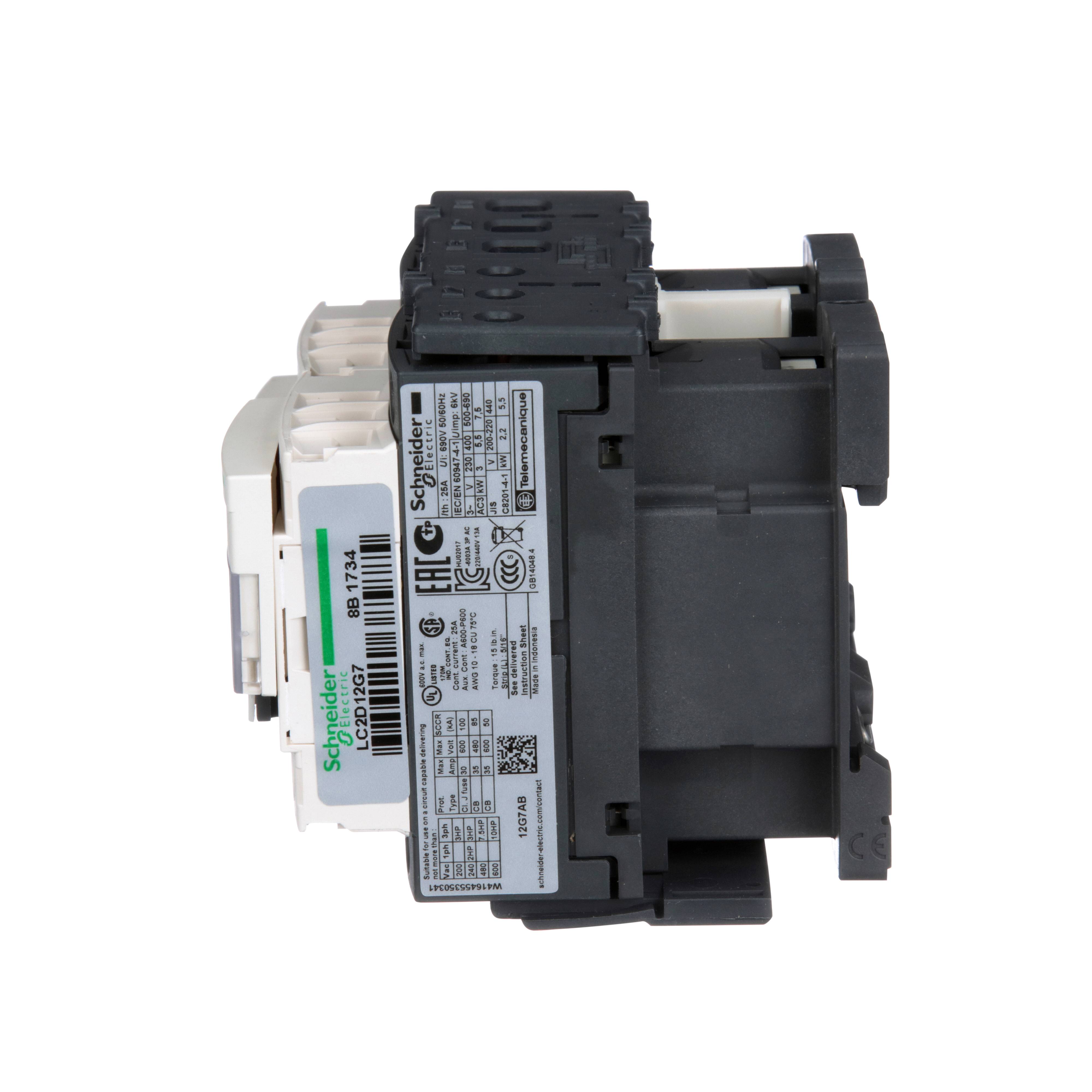 Square D™ TeSys™ D LC2D12G7 D-Line Mechanical Standard IEC Contactor, 120/690 VDC, 300 VDC V Coil, 12/25 A, 3NO Contact, 3 Poles
