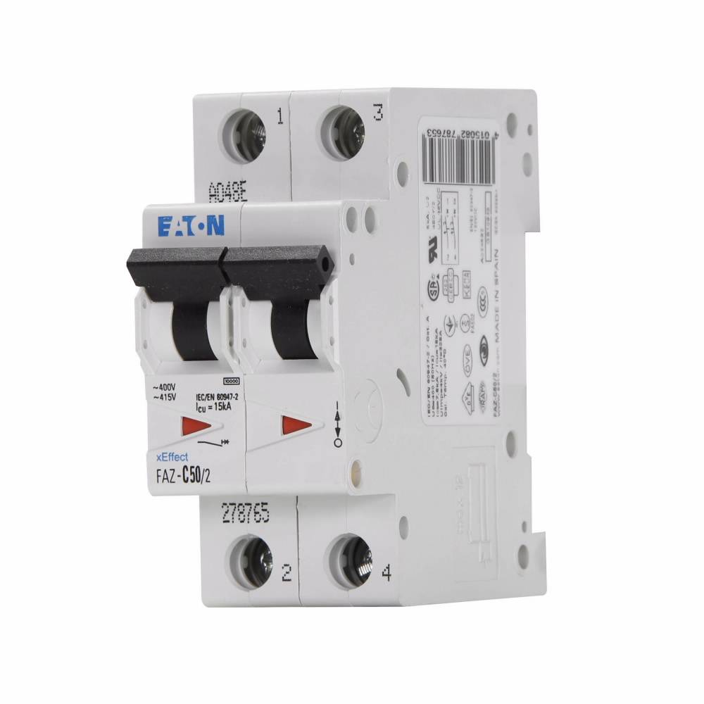 EATON FAZ-C50/2 Supplementary Protector, 480Y/277 VAC, 50 A, 7.5 to 15 kA Interrupt, 2 Poles, 5-10X/C-Curve Trip