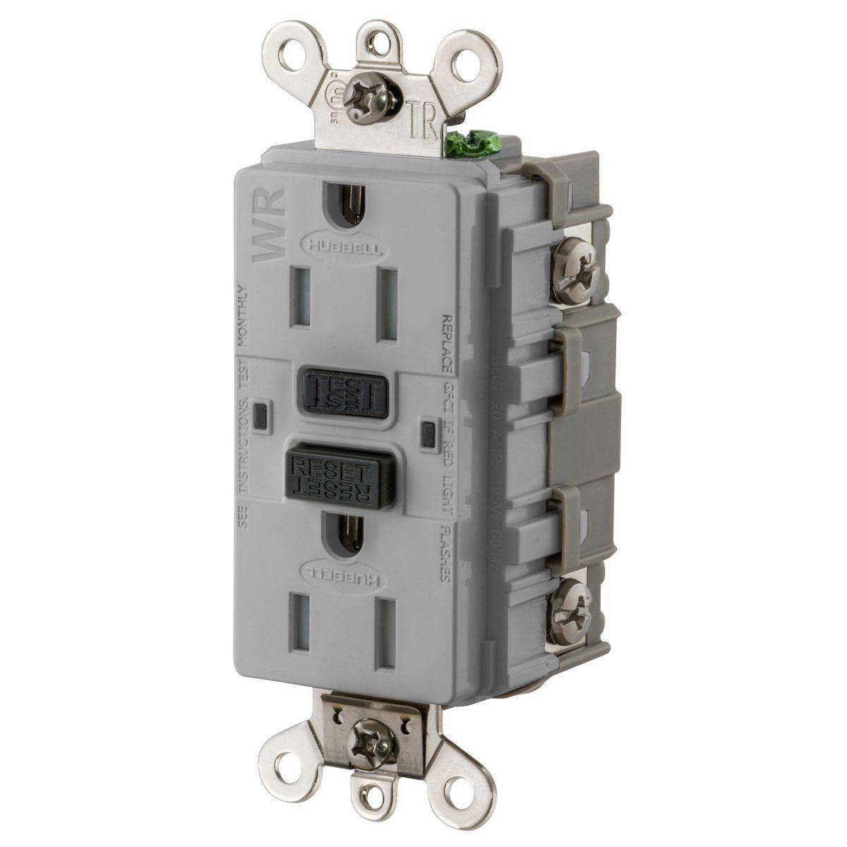 Wiring Device-Kellems GF5262SGGY 1-Phase Duplex Decorator Straight Blade Standard Tamper/Weather Resistance Screw Mount GFCI Receptacle, 125 VAC, 15 A, 2 Poles, 3 Wires, Gray