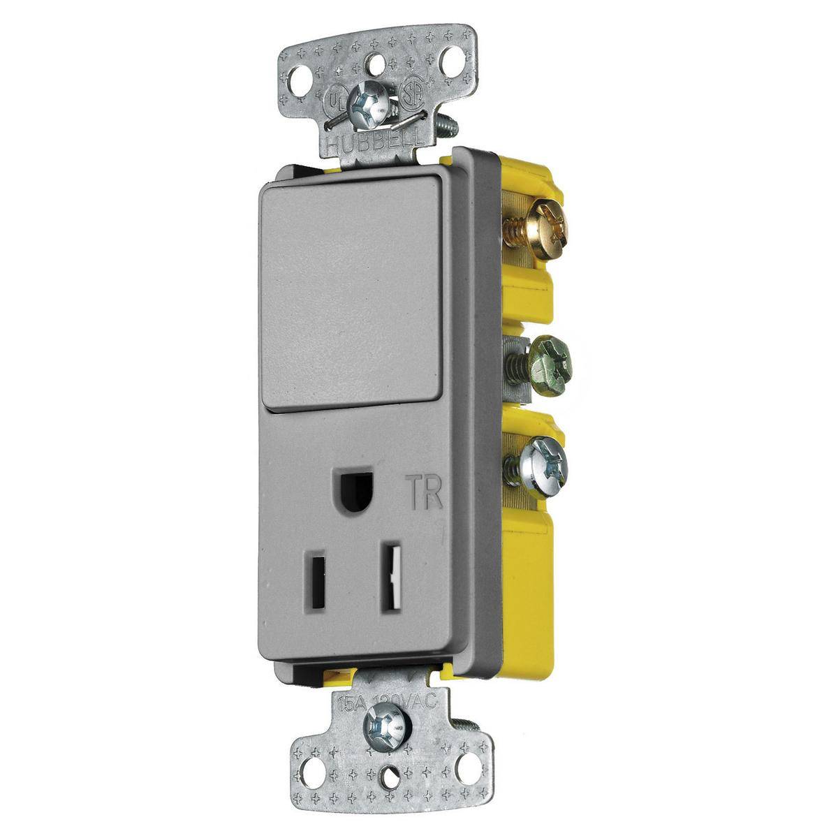 Wiring Device-Kellems RCD108GYTR Decorator 2-Position Standard Tamper-Resistant Combination Switch and Receptacle, Electrical Ratings: 120/125 VAC, 15 A, 1875 W, 1 Poles, 3 Wires, 14 to 12 AWG Wire, Snap Switch Reset