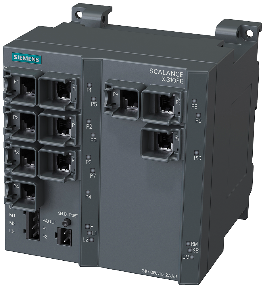 Siemens 6GK53100BA102AA3 SCALANCE X310FE Managed Plus Industrial Ethernet Switch, (10) RJ-45 Ports for Network Components and Terminal Equipment, (1) 4-Pole Terminal Block for Power Supply, (1) 2-Pole Terminal Block for Signaling Contact Interface