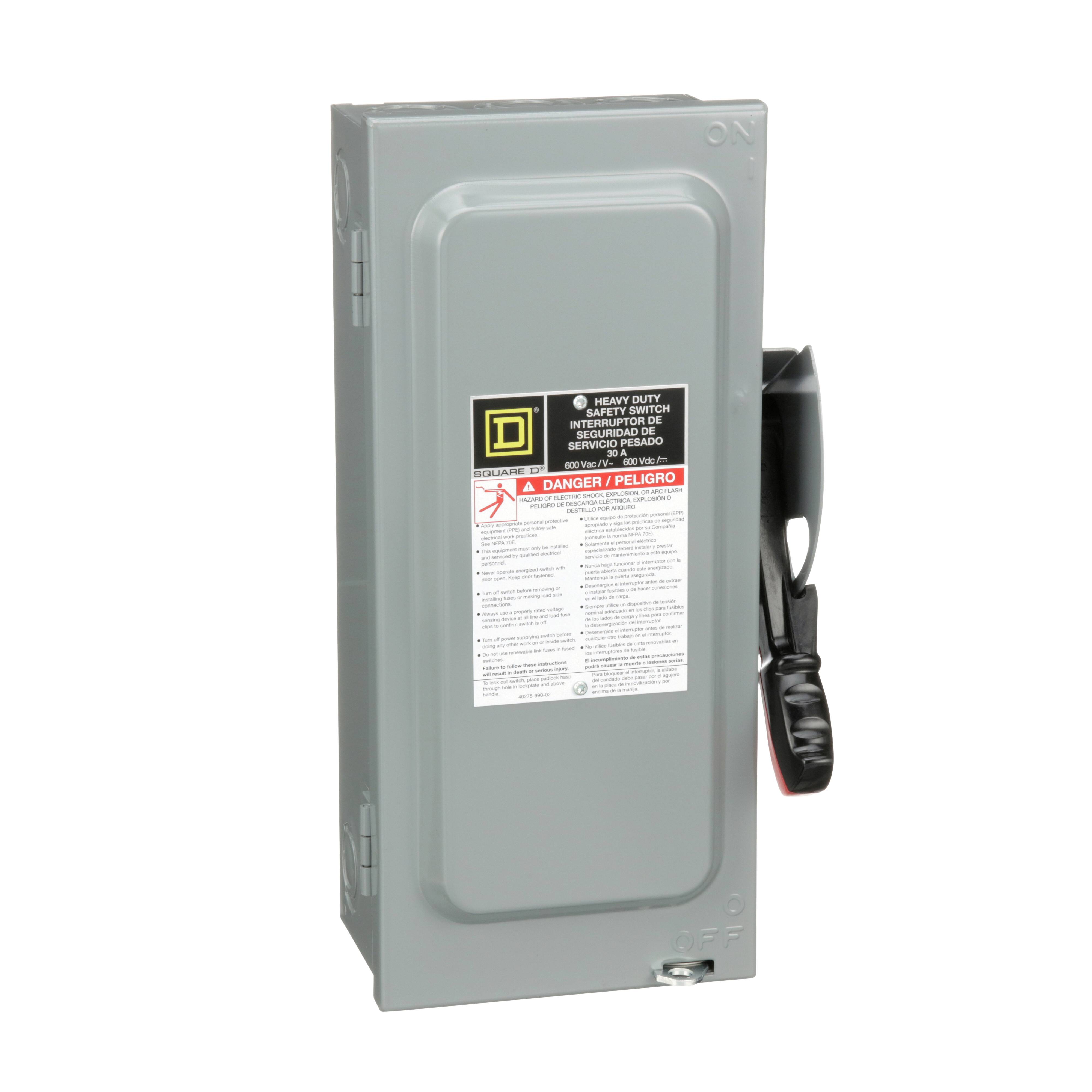 Square D™ HU361 Heavy Duty Non-Fused Safety Switch, 600 VAC/VDC, 30 A, 15 hp, 30 hp, TPST Contact, 3 Poles