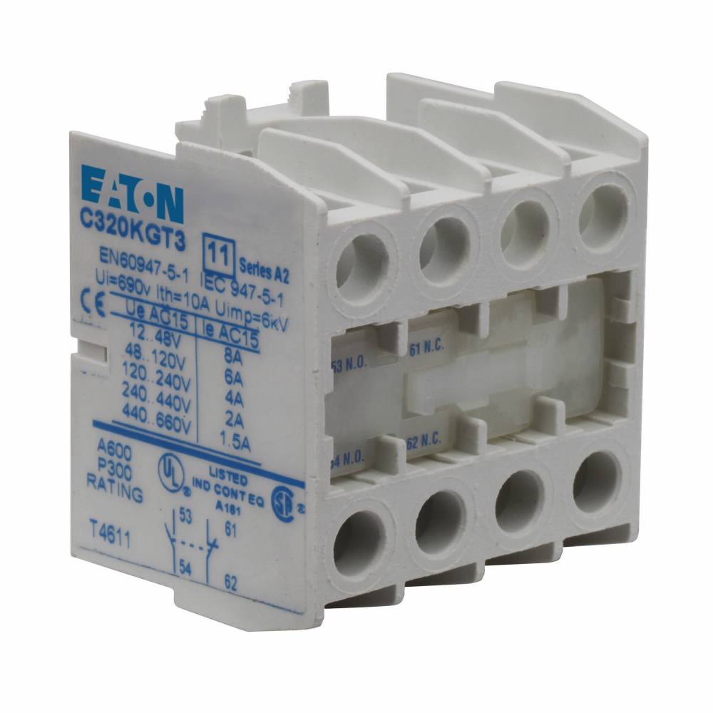 EATON C320KGT3 Heavy Duty Auxiliary Contact Kit, 600 VAC, 10 A, 4 Contacts, Silver Cadmium Alloy