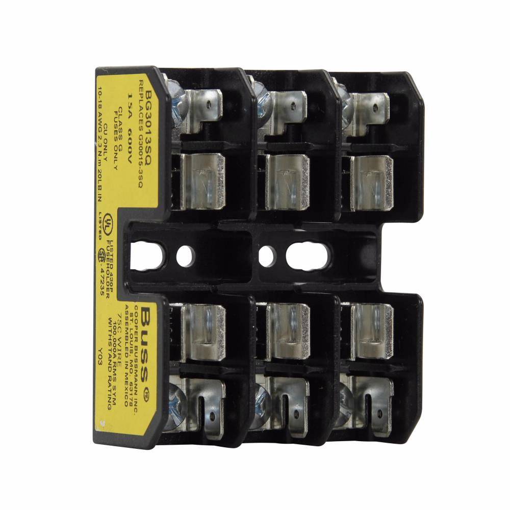 Edison BG3013SQ BG Series Open Style Fuse Block, 600 VAC/VDC, 1 to 20 A, Class: G, 14 to 10 AWG Wire, 3 Poles
