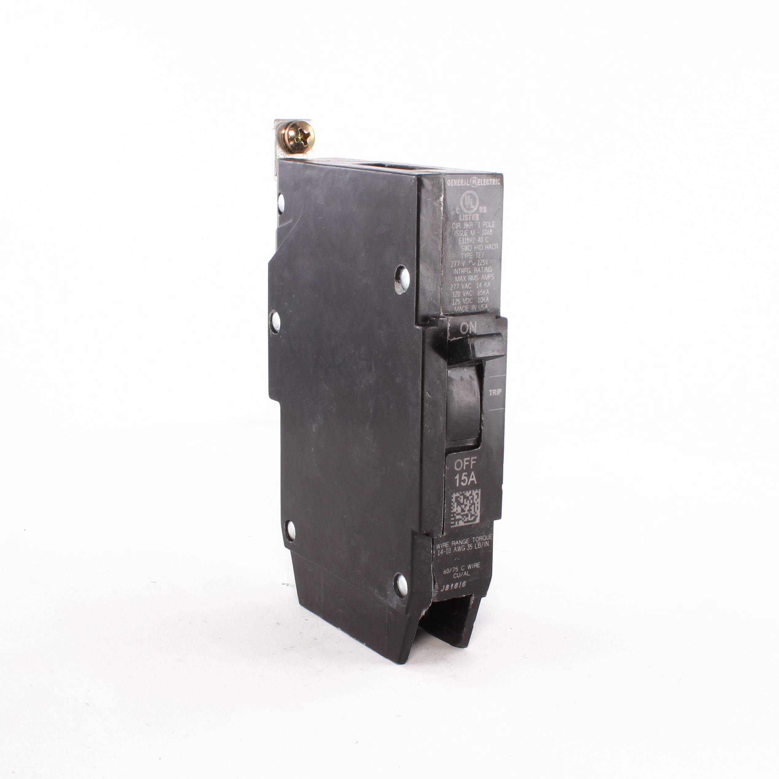 GE TEY115 Compact Lighting Panel Circuit Breaker, 120/240/277 VAC, 15 A, 14/65 kA Interrupt, 1 Poles, LI/Non-Interchangeable/Thermal Magnetic Trip