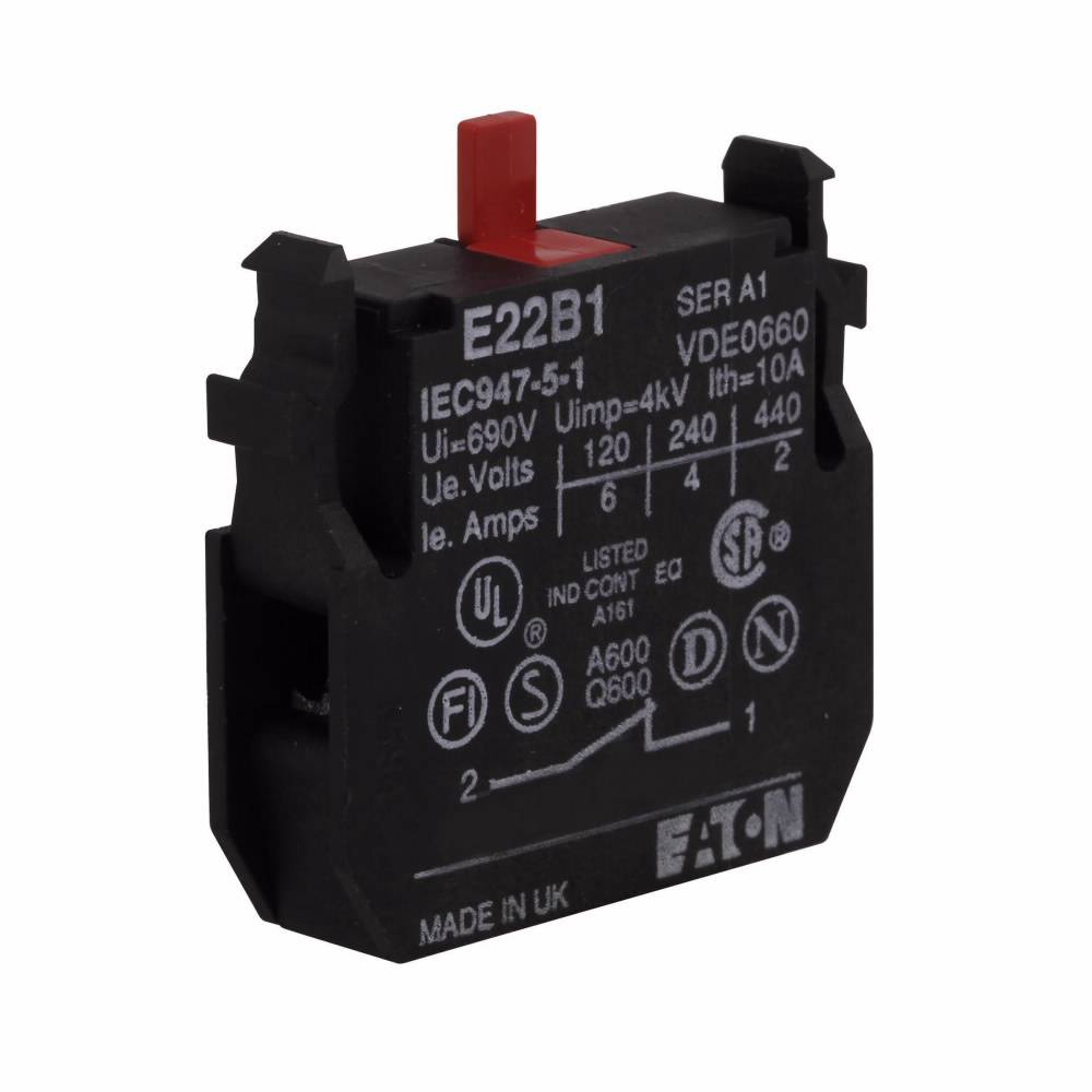 EATON E22B1 Heavy Duty Standard Contact Block, 22.5 mm, 1NC Contact, 10 A at 600 VAC, 2.5 A at 600 VDC Contact, Silver Contact