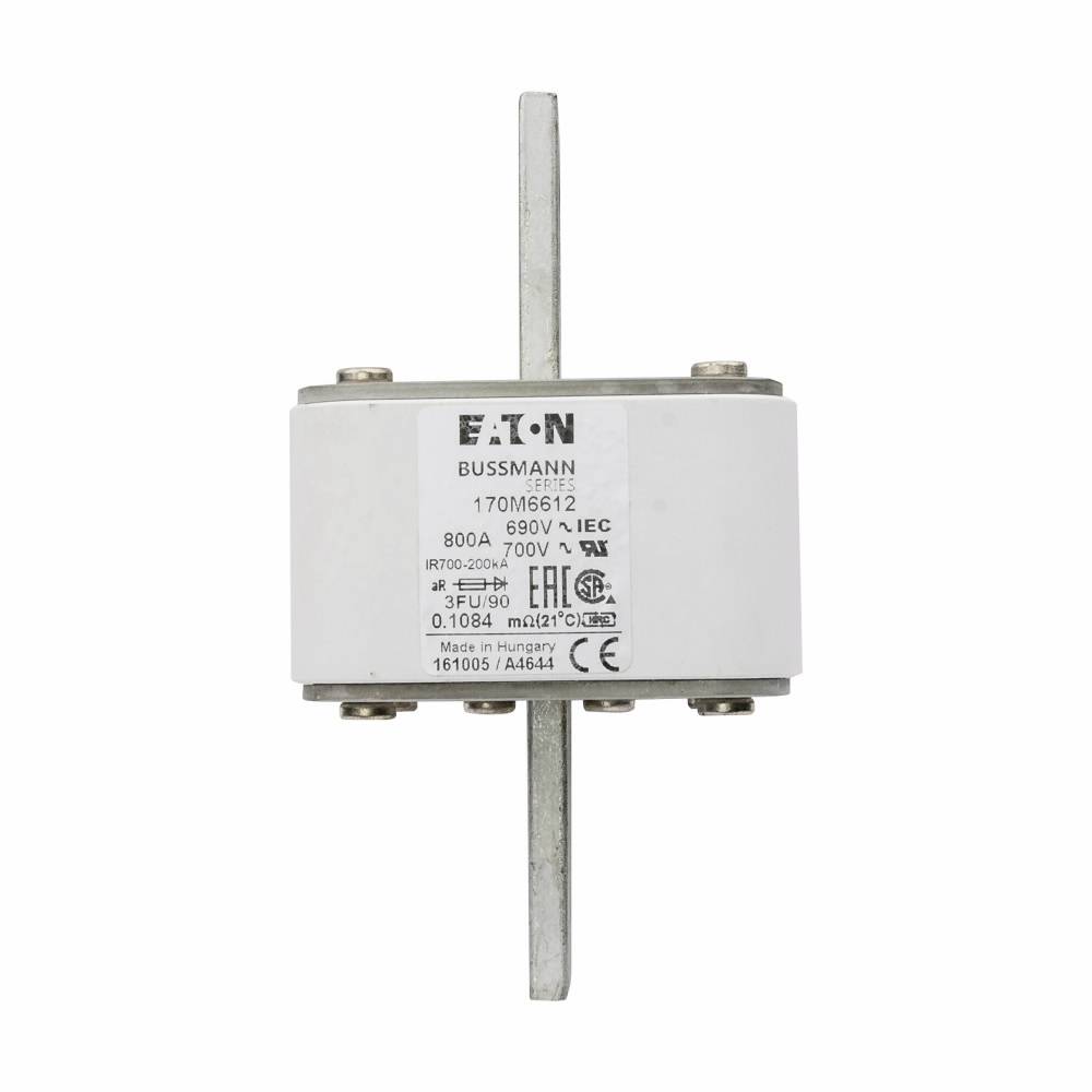 Bussmann 170M6612 Type FU US Style High Speed Fuse, 800 A, 690 V, 200 kA Interrupt, Class: aR, Square Body