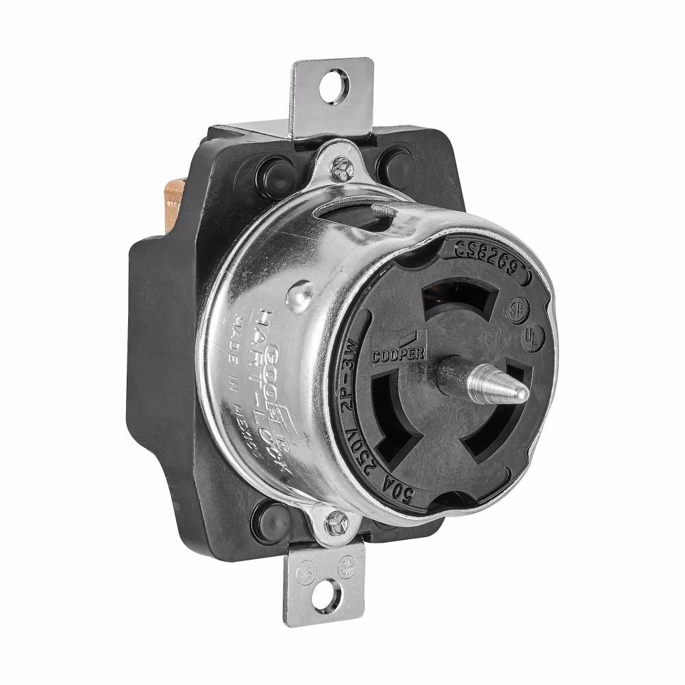 EATON CS8269 Single Locking Receptacle, 250 VAC, 50 A, 2 Poles, 3 Wires, Black