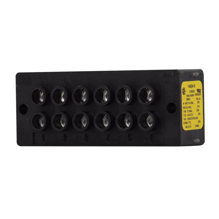 EATON 14004-6 Power Terminal Block, 600 VAC/VDC, 90 A, 14 to 4 AWG Cu, 8 AWG Al Wire