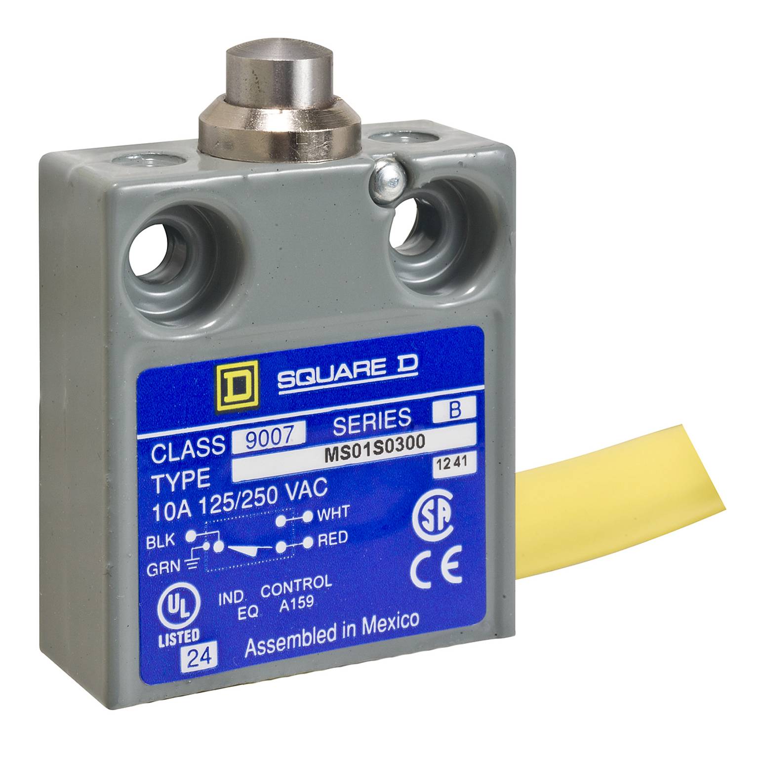 Square D™ 9007MS01S0406 9007MS/ML Miniature Potted Linear Plunger Actuated Limit Switch, 240 VAC/28 VDC, 10 A, Spring Return Plunger Actuator, 1NC-1NO Contact, 1 Pole