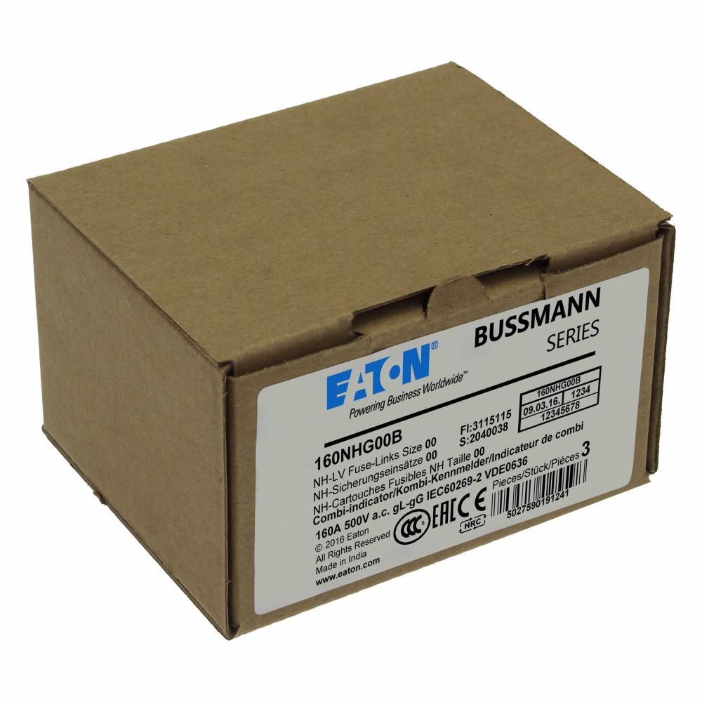 Bussmann 160NHG00B Size 00 Dual Indicator Low Voltage NH Fuse Link, 500 V, 160 A, For Use With NH Series Class C gG/gL Fuse, Ceramic