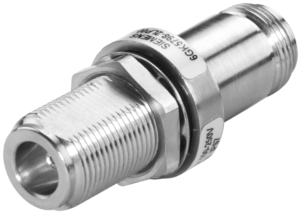 Siemens 6GK57982LP002AA6 Feed-Through Lightning Protector w/ Type N Female x Type N Female Connection & Gas Discharge Technology, For Use w/ SCALANCE W & M Antennas, IP66/68, -40 to 85 deg C, 0 to 6 GHz