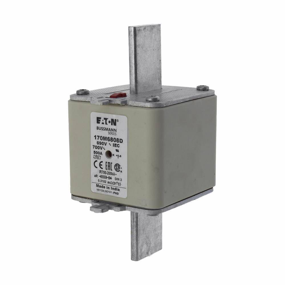 Edison 170M6808D High Speed Fuse, 500 A, 700 V, 200 kA Interrupt, Class: aR, Square Body