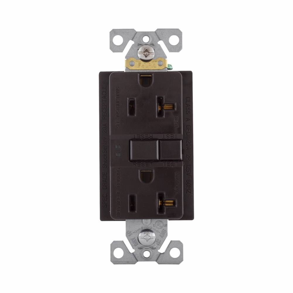 EATON Eaton Wiring Devices SGF20B Duplex Self-Test GFCI Receptacle, 125 VAC, 20 A, 2 Poles, 3 Wires, Brown