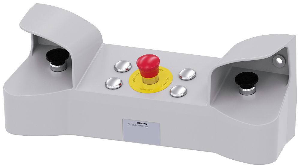 Siemens SIRIUS ACT 3SU18533NB001AD1 2-Hand Operated Console With Cable Cut-Outs, For Use With 22 mm Round EMERGENCY STOP Pushbutton and Command Devices, Metal, Black/Gray/Red