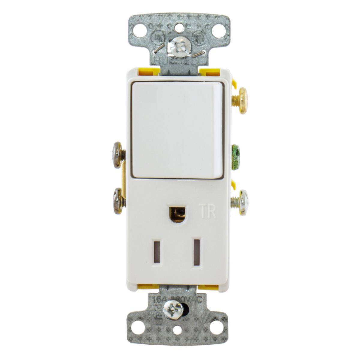 Wiring Device-Kellems RCD108WTR Decorator 2-Position Standard Tamper-Resistant Combination Switch and Receptacle, Electrical Ratings: 120/125 VAC, 15 A, 1875 W, 1 Poles, 3 Wires, 14 to 12 AWG Wire, Snap Switch Reset