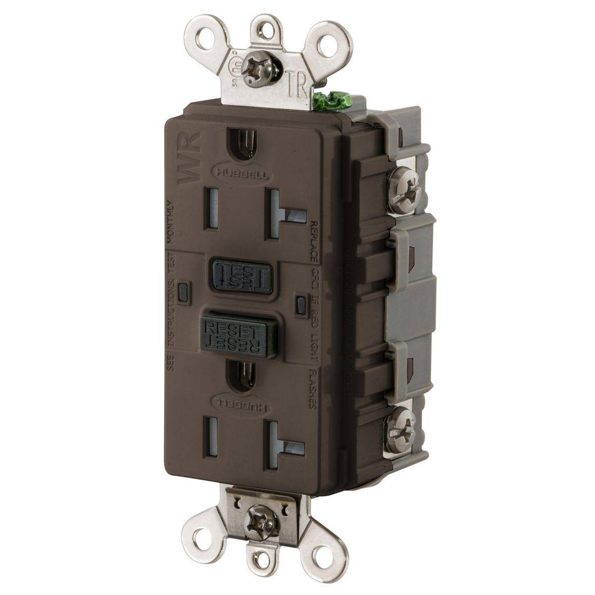 Wiring Device-Kellems GF5362SG 1-Phase Duplex Extra Heavy Duty Feed-Through Grounding Standard Tamper-Resistant Weather-Resistant Screw Mount GFCI Receptacle, 125 VAC, 20 A, 2 Poles, 3 Wires, Brown