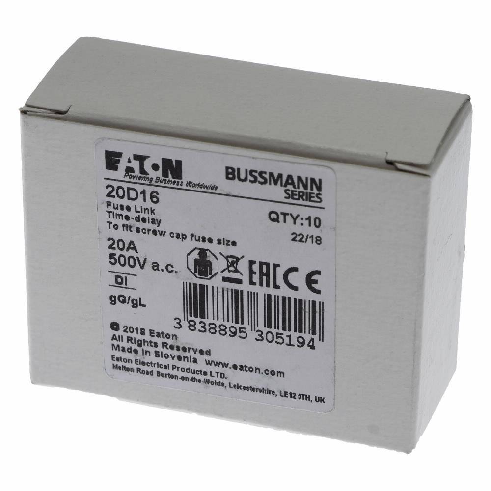 Edison 20D16 Type D Diazed Low Voltage Time Delay Time-Delay Fuse Link, 20 A, 500 VAC, 100 kA Interrupt, Class: gG/gL, Round Body