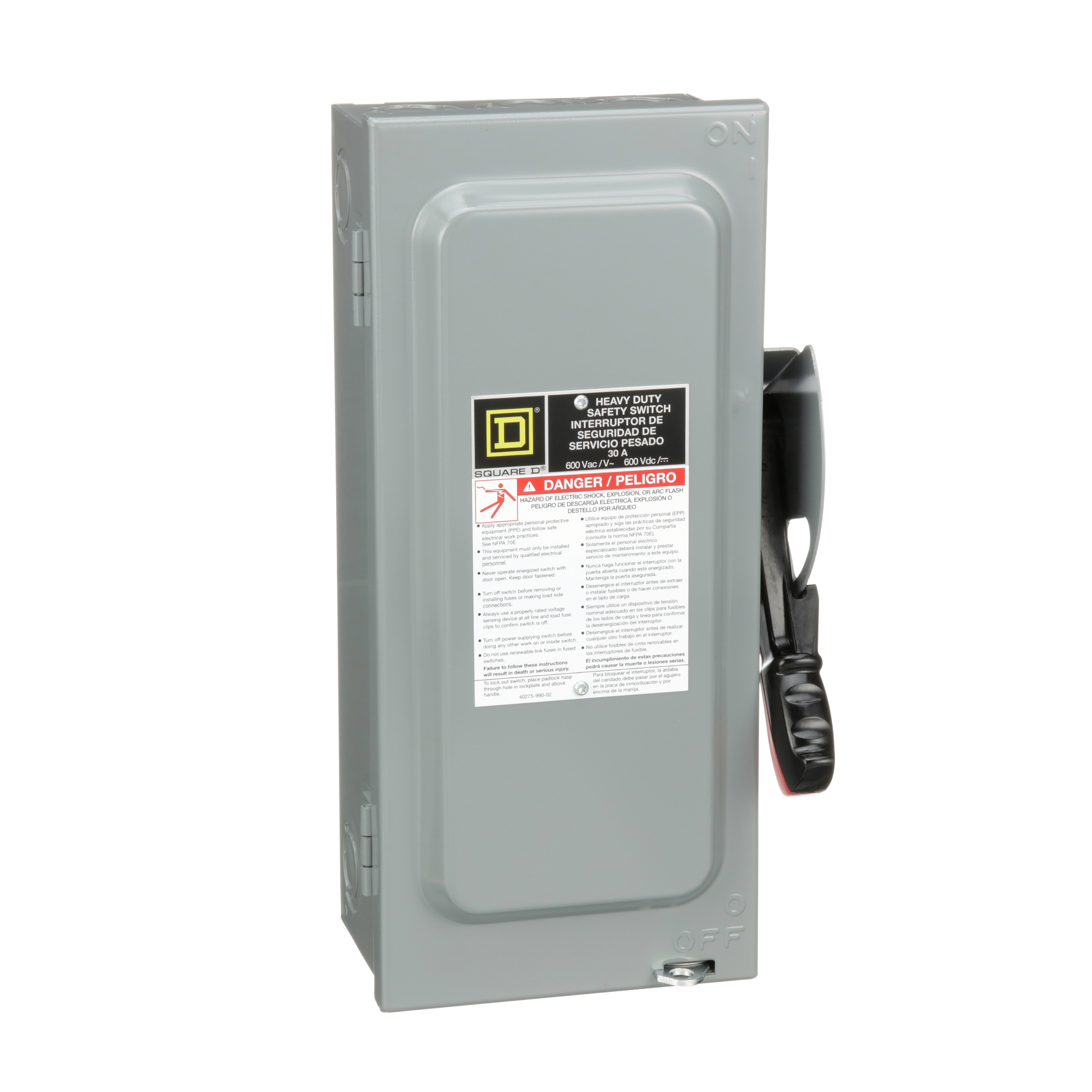 Square D™ HU361 Heavy Duty Non-Fused Safety Switch, 600 VAC/VDC, 30 A, 15 hp, 30 hp, TPST Contact, 3 Poles