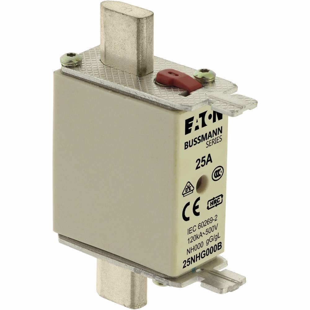 Edison Bussmann 25NHG000B Size 000 Dual Indicator NH Fuse Link, 500 V, 25 A, For Use With Bussmann NH Size Photovoltaic Fuse, Class C gG/gL Fuse, Ceramic