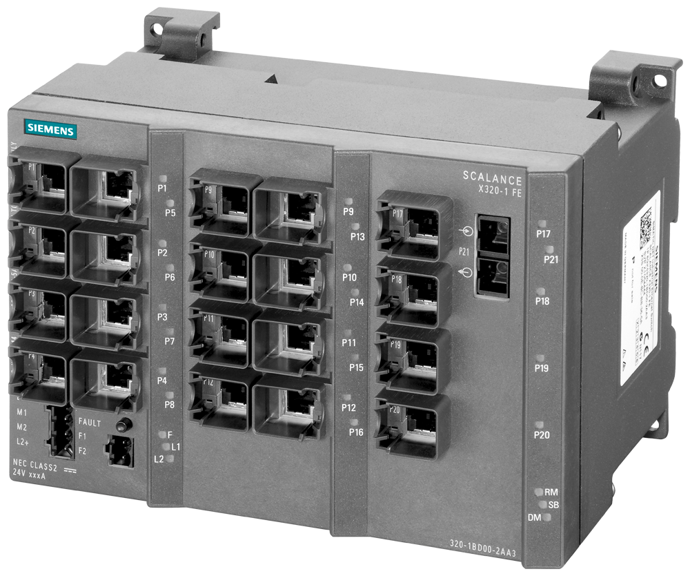 Siemens 6GK53201BD002AA3 SCALANCE X Managed Ethernet Switch, (20) RJ45, (1) Multi-Mode SC Port, Telnet/HTTP/HTTPS/TFTP/FTP/BOOTP/GMRP/DCP/LLDP/SNMP v1/SNMP v2/SNMP v3/IGMP/GVRP/SSH/NTP/SNTP/ STP/RSTP/MSTP Protocol