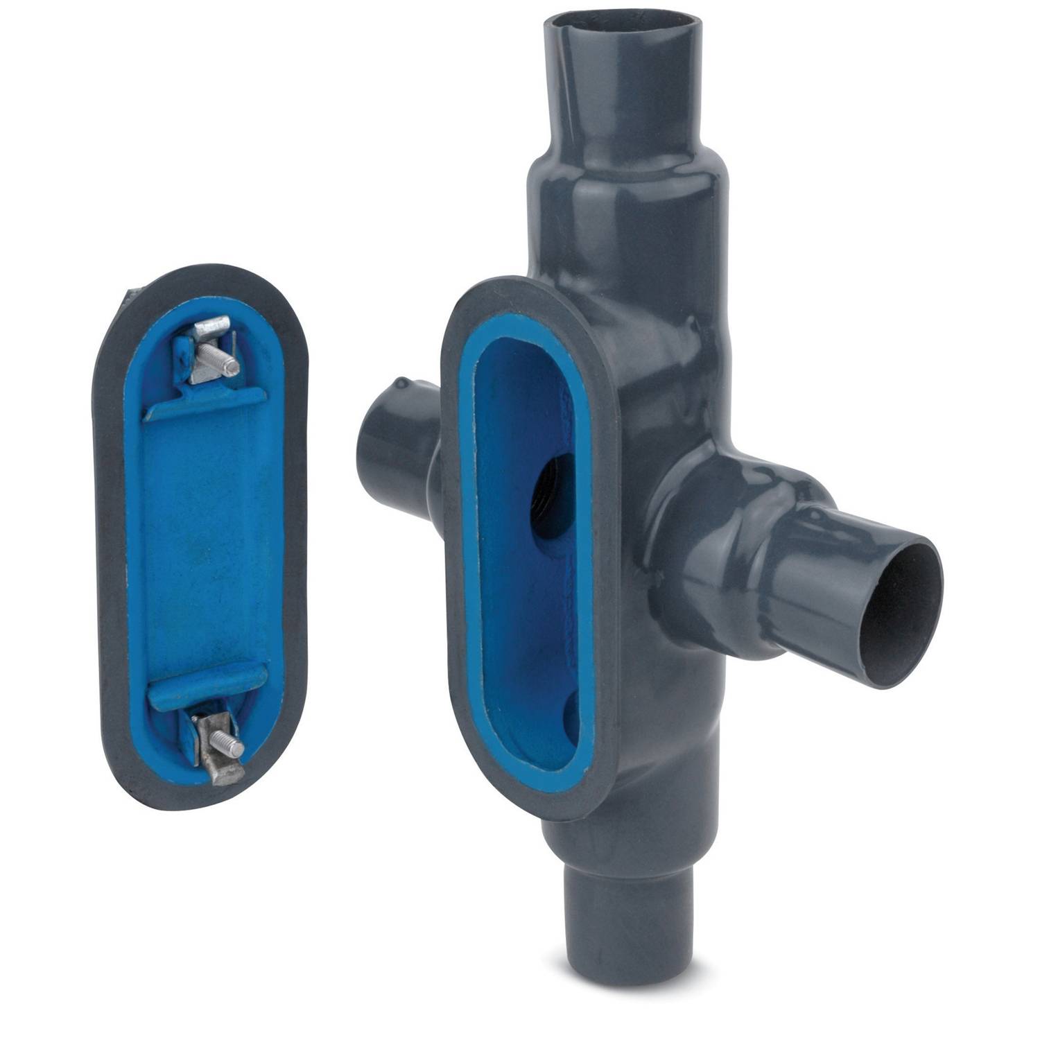 Ocal® OCAL-BLUE® X68-4X-G Type X Conduit Body, 2 in Hub, Form 8 Form, 88 cu-in Capacity, Iron, PVC Coated