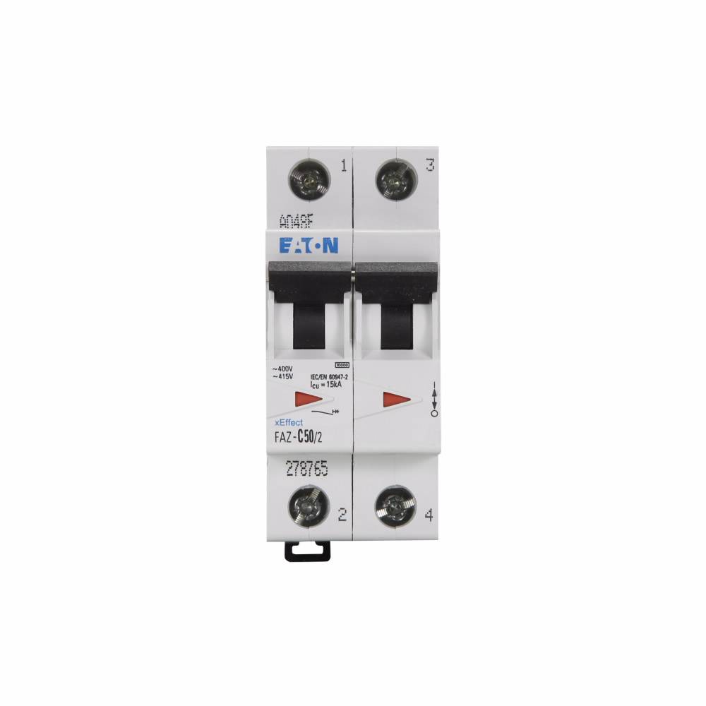 EATON FAZ-C50/2 Supplementary Protector, 480Y/277 VAC, 50 A, 7.5 to 15 kA Interrupt, 2 Poles, 5-10X/C-Curve Trip