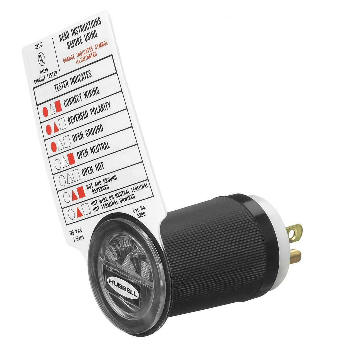 Wiring Device-Kellems HBL5200 1-Phase 3-Wire Grounding 2-Pole Plug Body Corrosion Resistant Receptacle Tester, 125 VAC, 15 A Load, NEMA 5-15P Enclosure