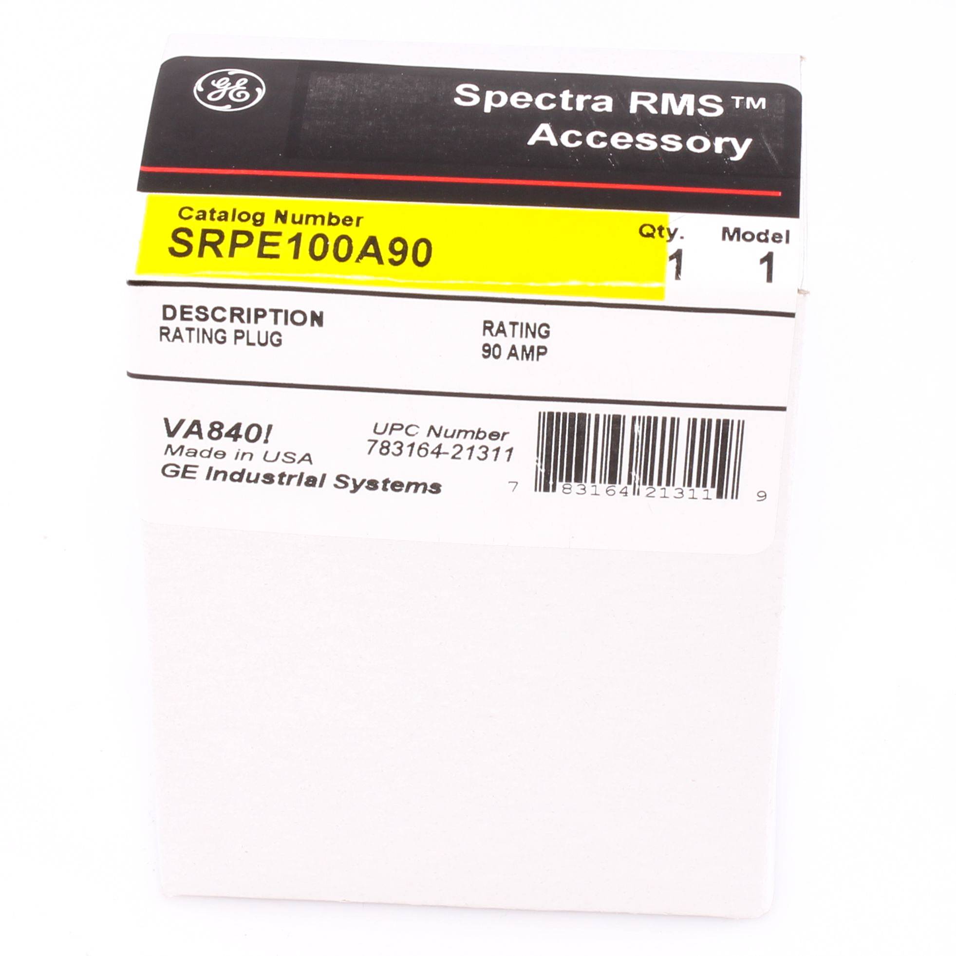 GE Power Break® II Spectra RMS® SRPE100A90 Rating Plug, 100 A, 90 A Plug Current, SE150 Frame