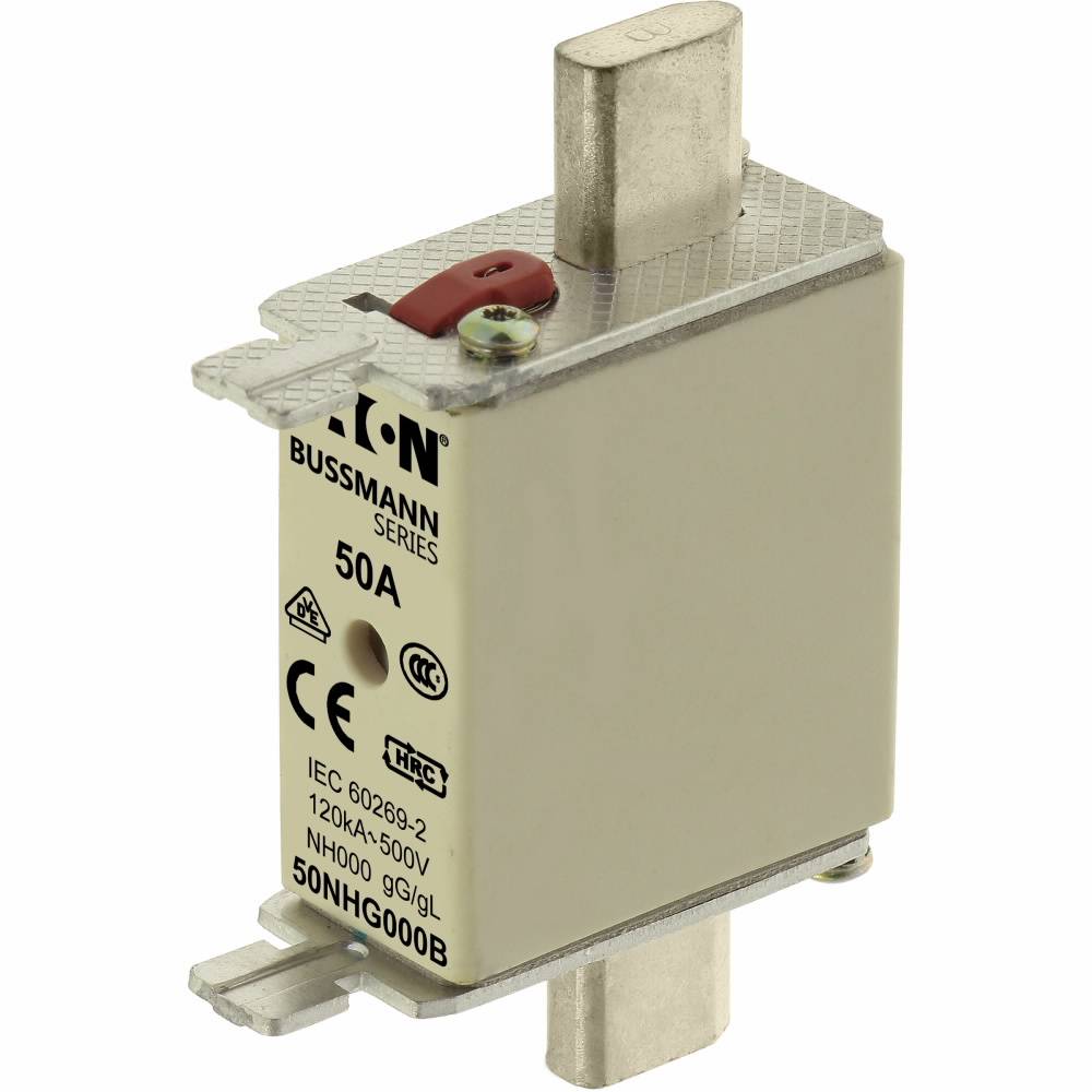 EATON Bussmann Edison 50NHG000B Size 000 Dual Indicator NH Fuse Link, 500 V, 50 A, For Use With Bussmann NH Size Photovoltaic Fuse, Class C gG/gL Fuse, Ceramic