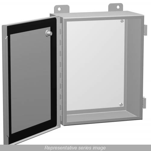 Hammond® 1414PHH4 1-Door Junction Box With Panel, 8 in H x 8 in W x 4 in D, Continuous Hinged Cover, NEMA 12/13 NEMA Rating, Mild Steel