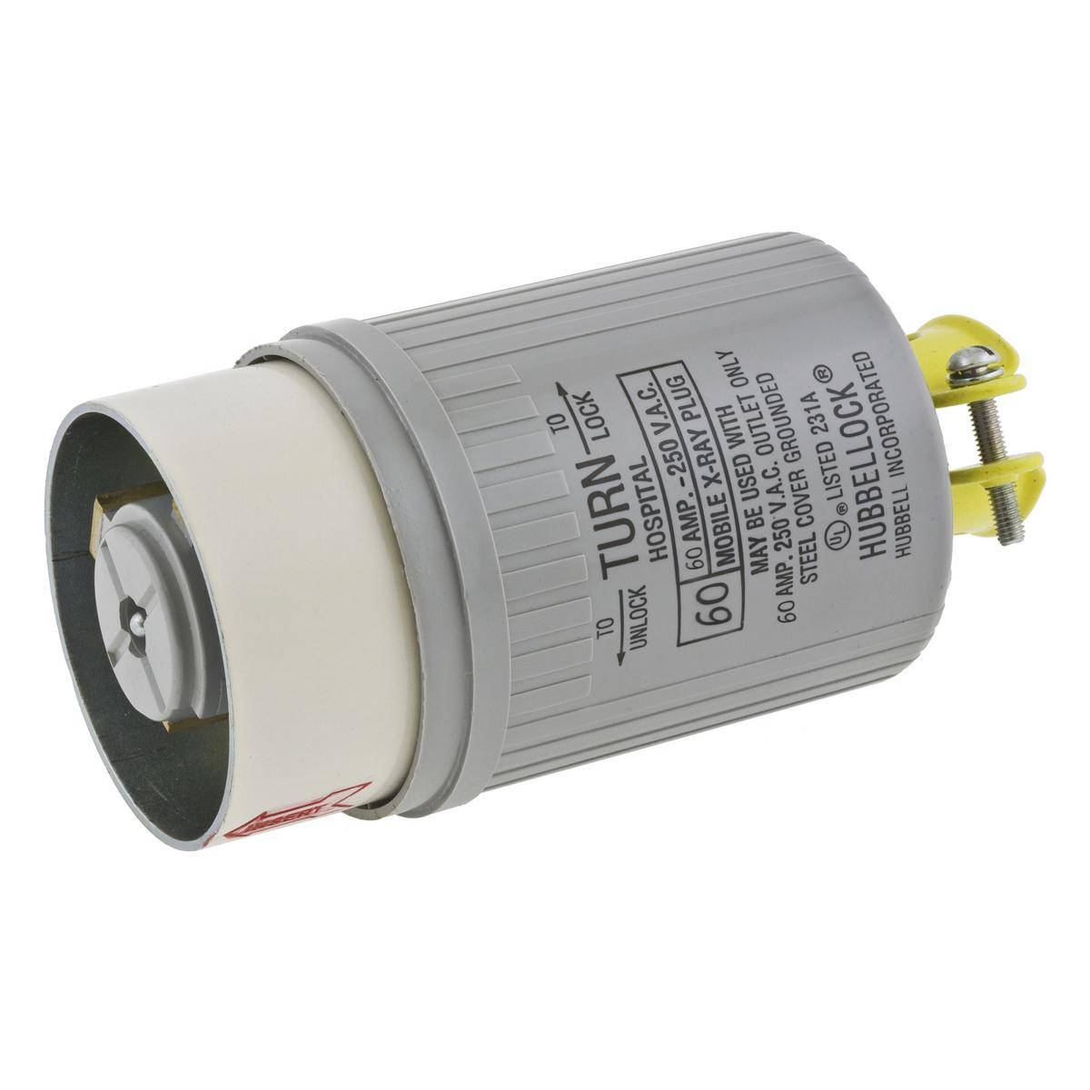 Wiring Device-Kellems HBL25625 Grounding Portable Standard Sized Shrouded Cord Mount Locking Male Plug, 250 VAC, 60 A, 2 Poles, 3 Wires, Gray