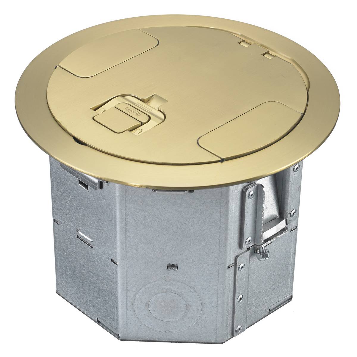 Wiring Device-Kellems SystemOne RAFB4BRS Floor Box With Brass Cover, Composite, 19 cu-in Capacity, 4 Gangs, 10 Knockouts, 7.33 in L x 8.05 in W x 6.41 in H