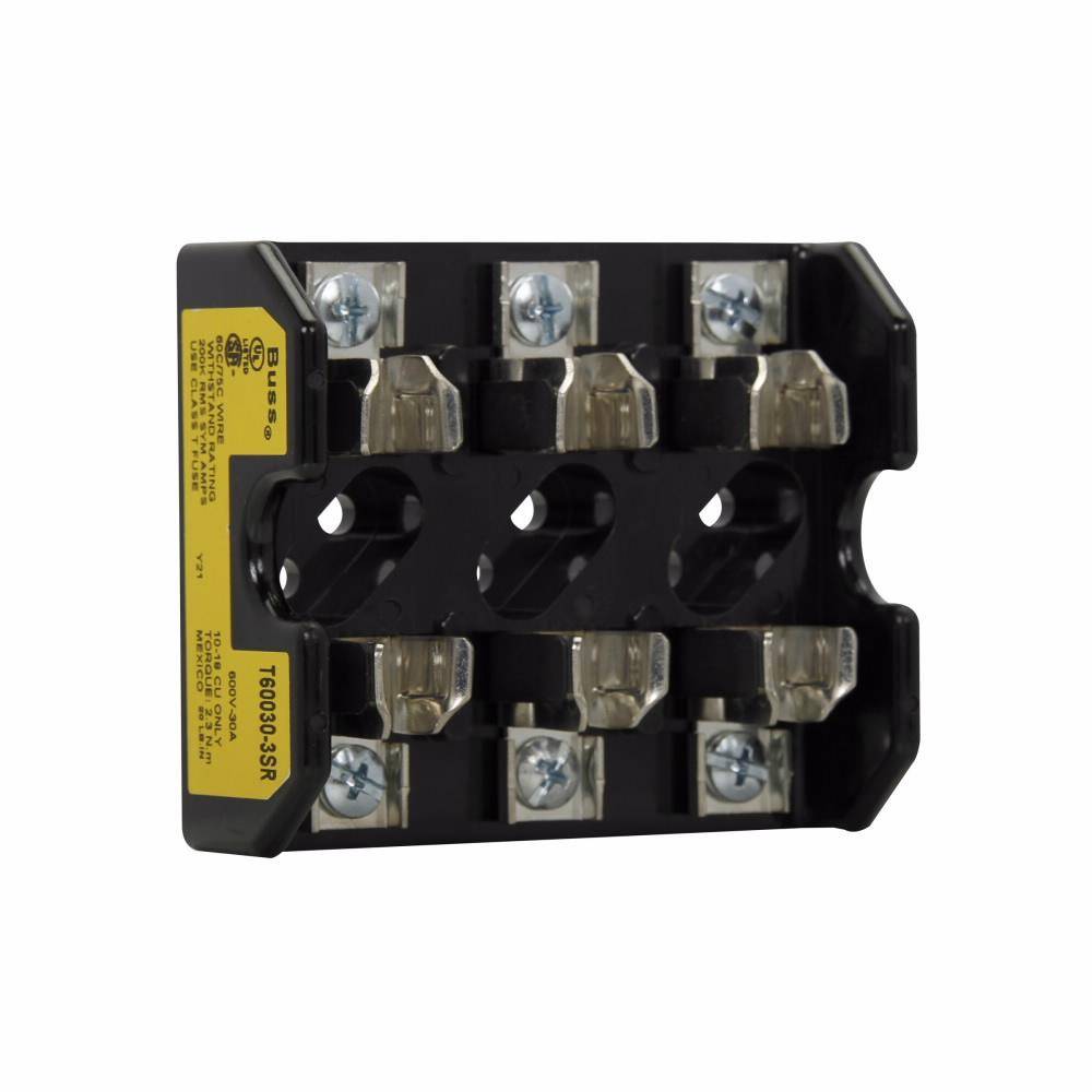 Edison T60030-3SR Open Style Fuse Block, 600 VAC/VDC, 1/2 to 30 A, T Class, 18 to 10 AWG Wire, 3 Poles