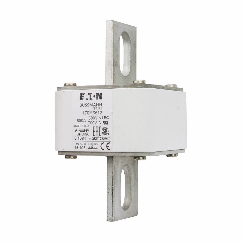 Bussmann 170M6612 Type FU US Style High Speed Fuse, 800 A, 690 V, 200 kA Interrupt, Class: aR, Square Body