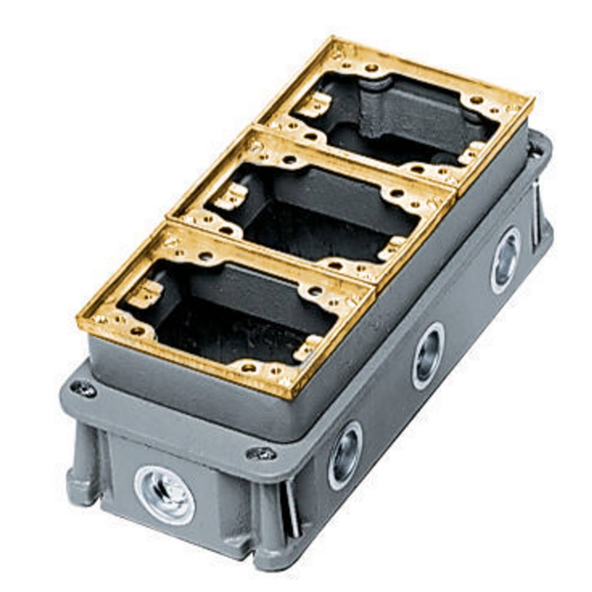 Wiring Device-Kellems B433361 Deep Fully Adjustable Standard Sized Floor Box, Cast Iron, 34.8 cu-in/Gang Capacity, 3 Gangs, 8 Knockouts, 4.9 in L x 11.41 in W x 3.38 in H