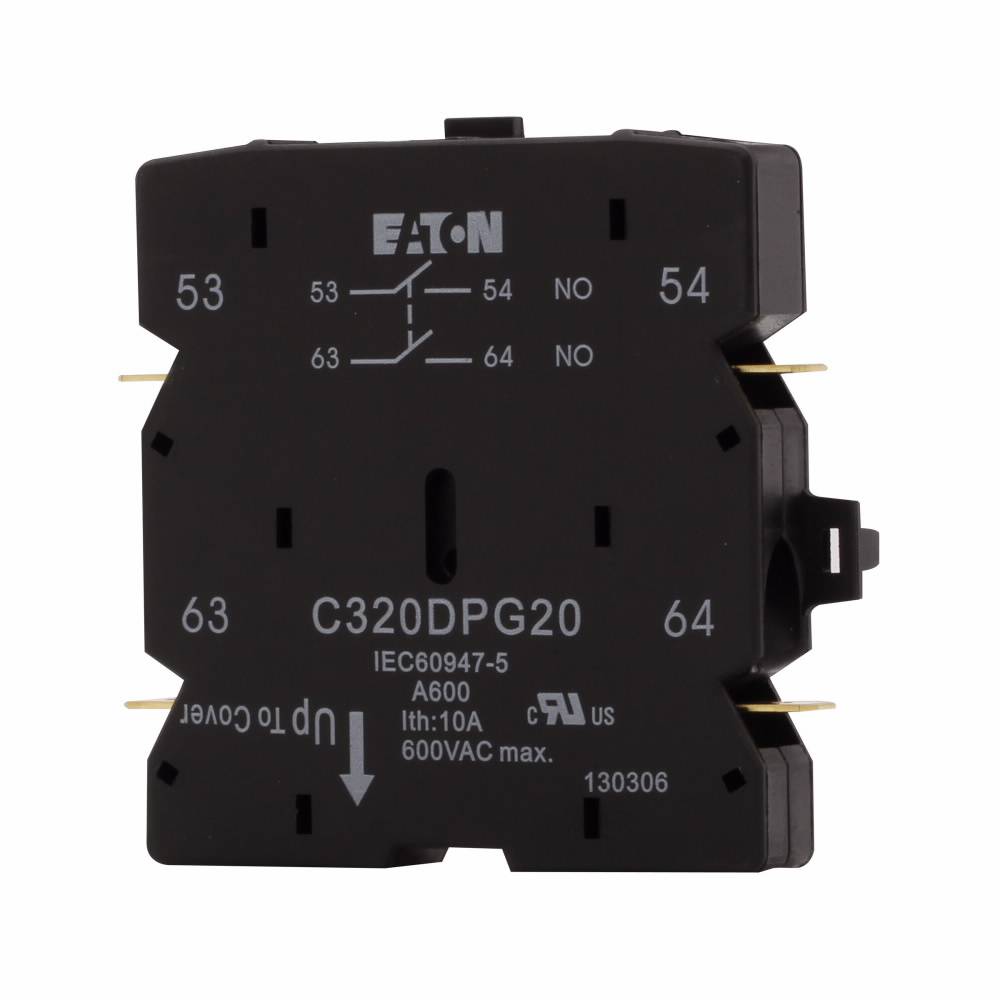 EATON C320DPG20 Heavy Duty Pilot Rated Auxiliary Contact Kit With Pressure Plate, Quick Connect Terminal, 600 VAC, 10 A, 2 Contacts, Silver Cadmium Alloy