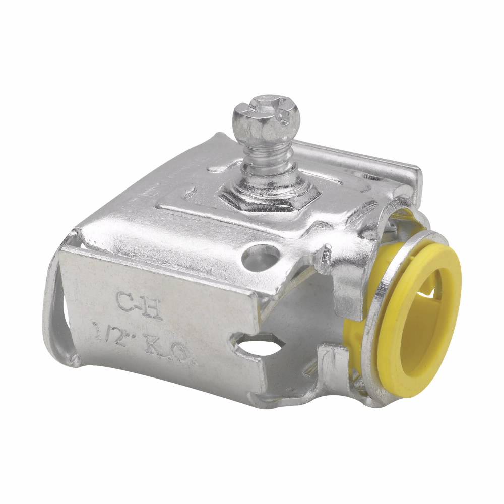 Crouse-Hinds Quick-Lok™ QLK50D Duplex Conduit Connector With Captive Clamp, 1/2 in Trade, For Use With AC/MC/FMC Cable, Steel, Zinc Plated