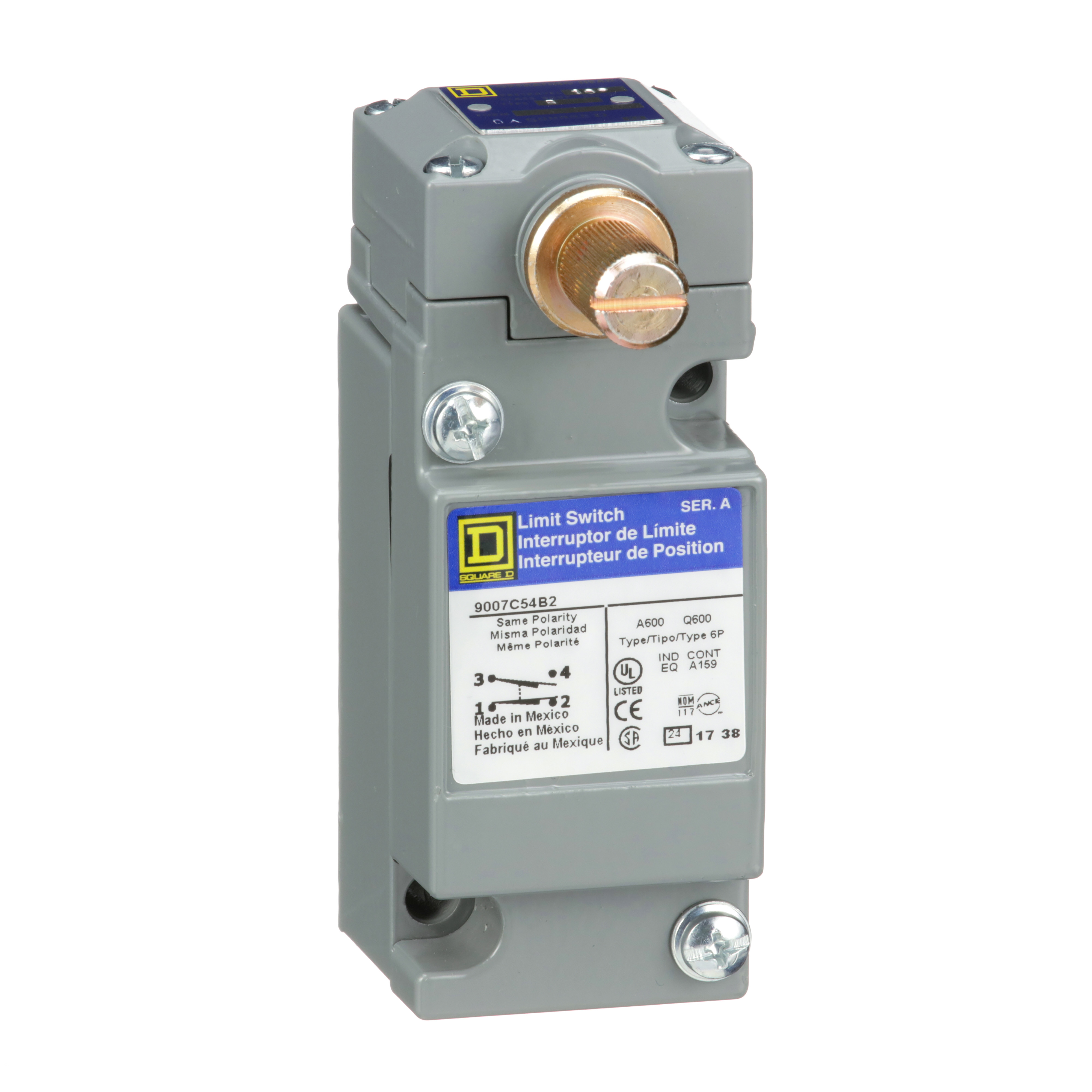 Square D™ 9007C54B2 Standard Rotary Actuated Limit Switch, 600 VAC/VDC, 10 A, Rotary Lever Arm Actuator, 1NO-1NC Contact, 1 Poles