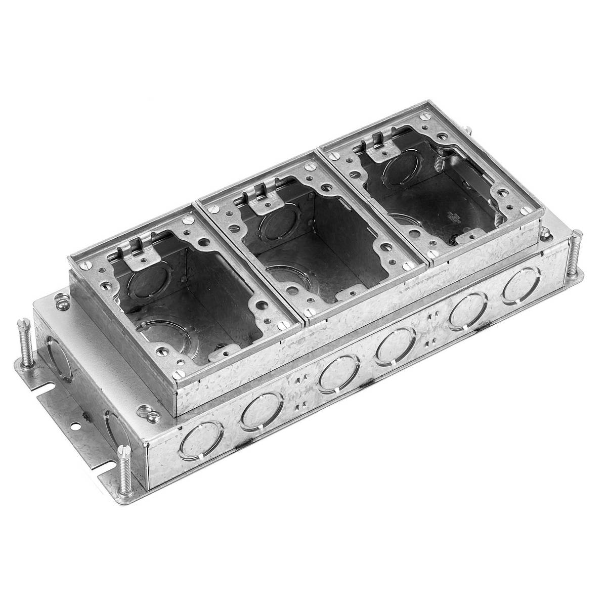Wiring Device-Kellems BA2423 B24 Fully Adjustable Shallow Standard Sized Floor Box, Stamped Steel, 34 cu-in/Gang Capacity, 3 Gangs, (18) Knockouts, 4.81 in L x 12.5 in W x 2.74 in H
