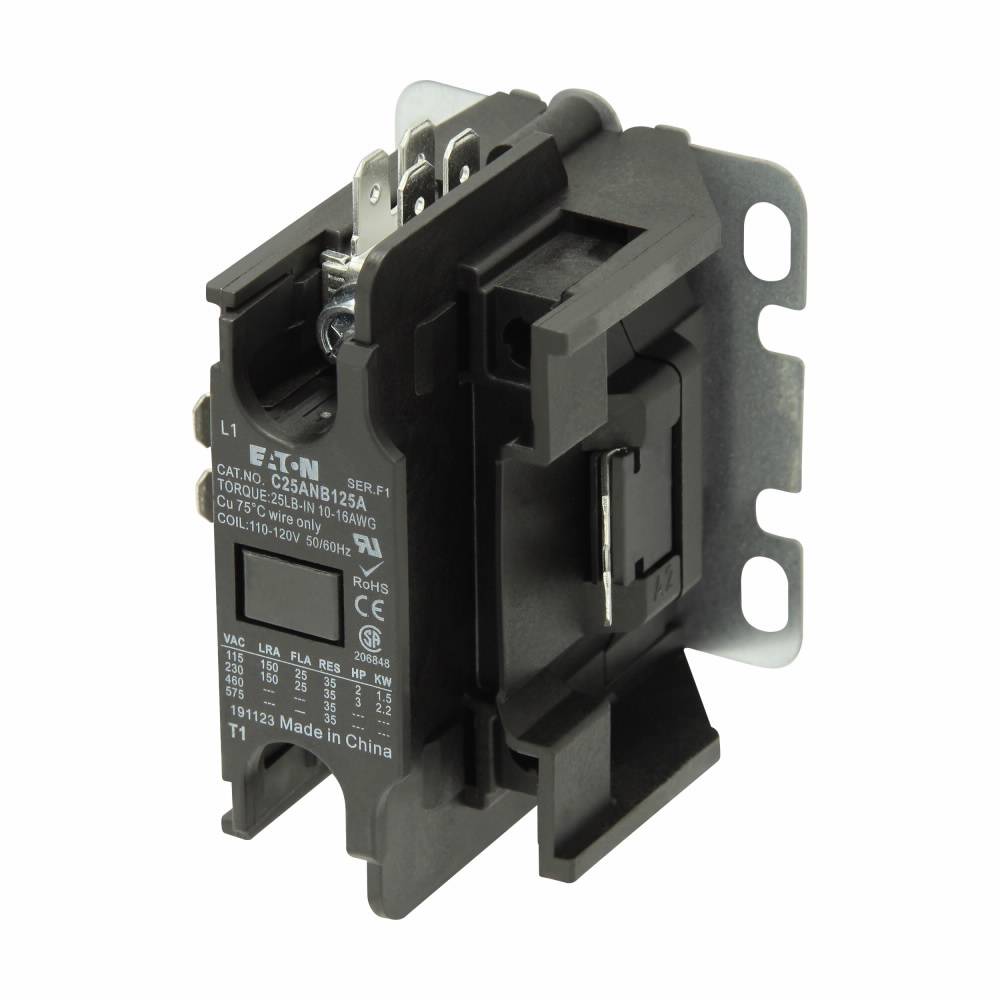 EATON C25ANB125A Compact Definite Purpose Control Contactor, 110/120 VAC Coil, 25 A, 1 Pole