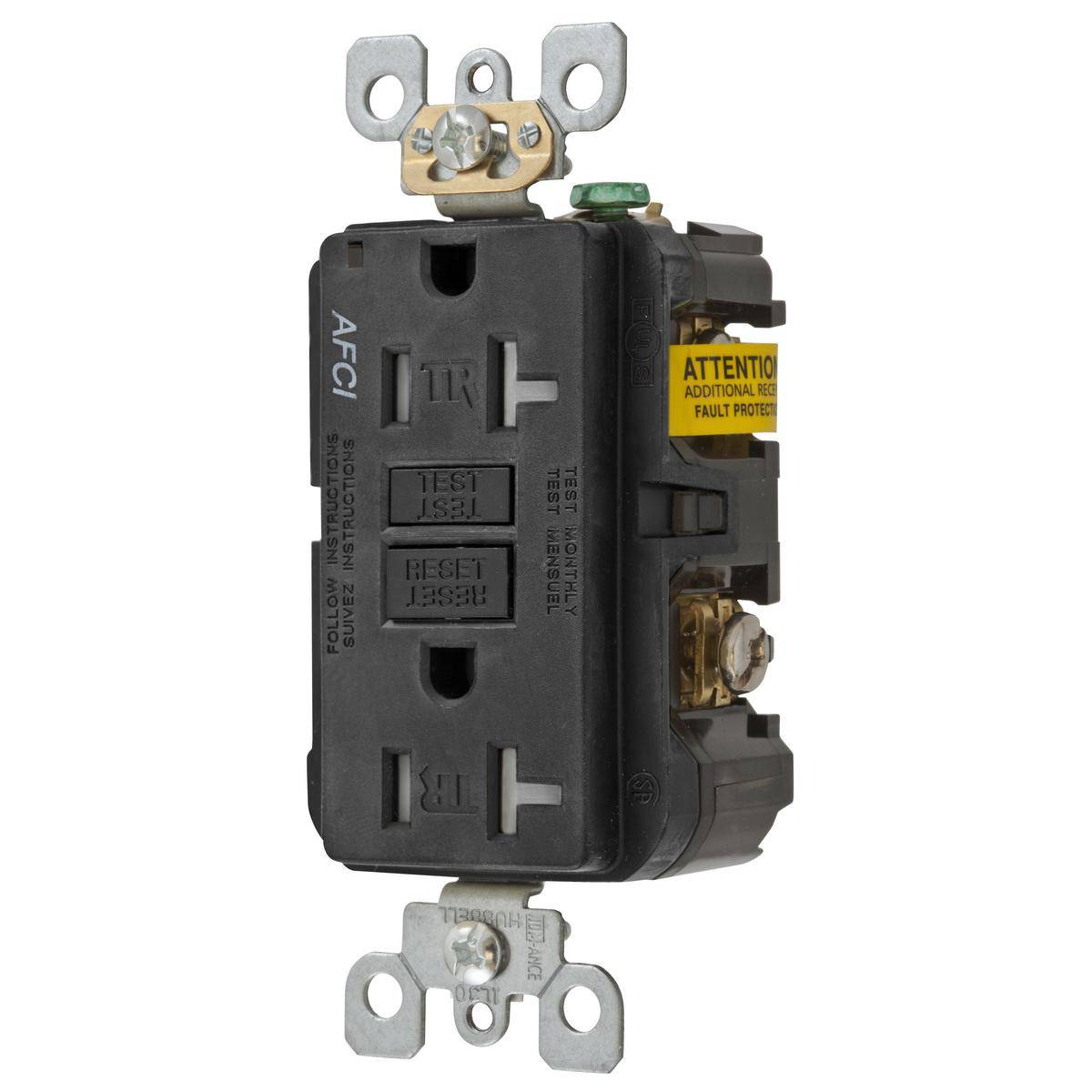 Wiring Device-Kellems AFR20TRBK Duplex Tamper-Resistant AFCI Receptacle, 125 VAC, 20 A, 2 Poles, 3 Wires, Black