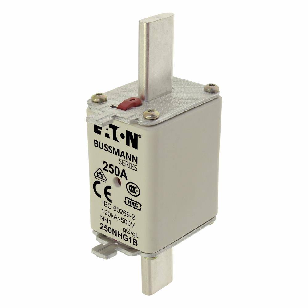 EATON Bussmann Edison 250NHG1B Size 1 Dual Indicator NH Fuse Link, 500 V, 250 A, For Use With Bussmann NH Size Photovoltaic Fuse, Class C gG/gL Fuse, Ceramic