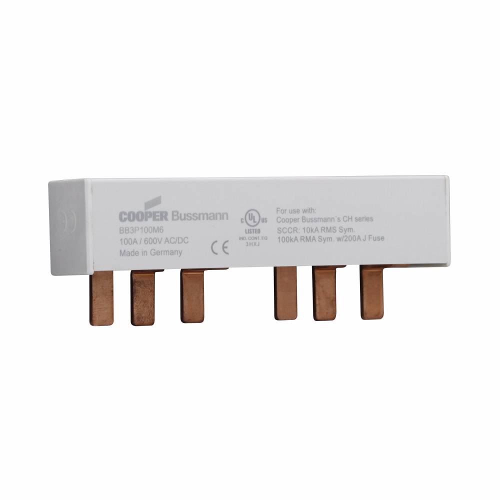 Bussmann BB3P100M6 6-Pin Modular Combination Busbar With Endcaps Assembled, For Use With Class CC, Midget and PV Fuses, 600 VAC/VDC, 100 A, 3 ph, Class J, 17.8 mm Pitch