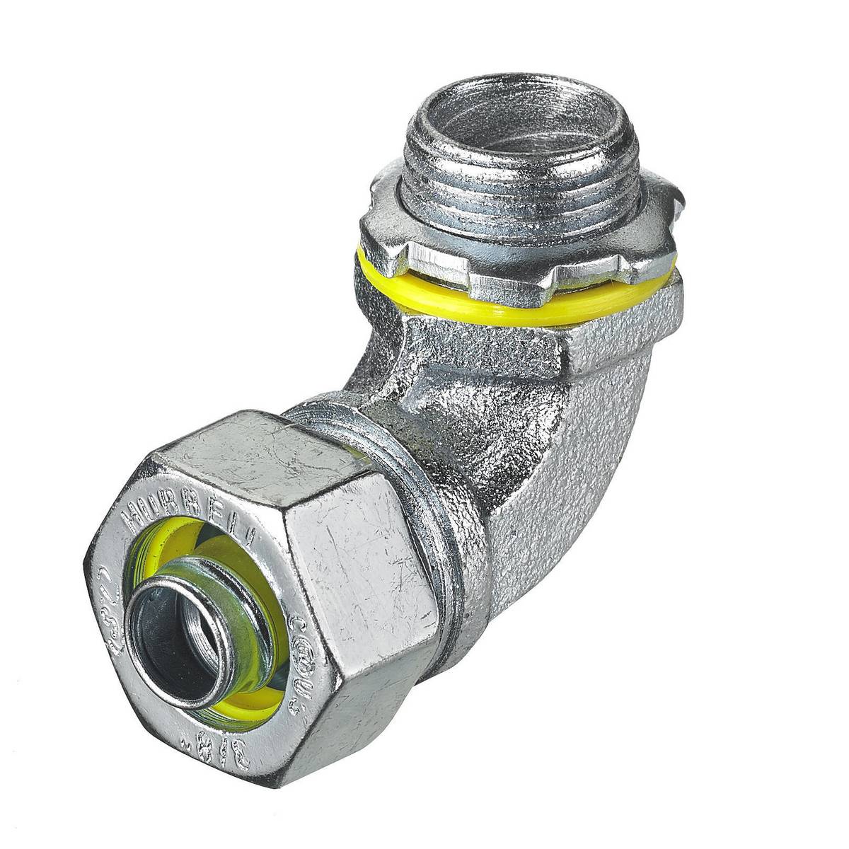 Wiring Device-Kellems H0389 Non-Insulated Male Metallic Liquidtight Connector, 3/8 in Trade, 90 deg, Steel, Zinc Plated